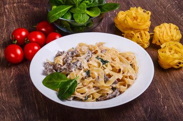 Pasta is meat. Tagliatelle with beef