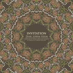 Wedding invitation and announcement card with ornamental round lace with arabesque elements. Mehndi style. Orient traditional ornament. Zentangle-like round colored floral ornament.