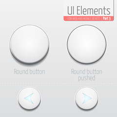 Light UI Elements Part 3: Round button. UI set. In default and pushed state. Round buttons with glowing arrows.