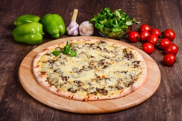 Thin pizza with mushrooms and cheese