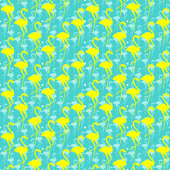 yellow flamingos silhouette on turquoise background, seamless summer pattern 
