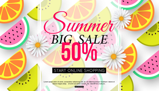 Summer sale banner with slices of fruit on white background, vector illustration