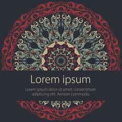 Wedding invitation and announcement card with ornamental round lace with arabesque elements. Mehndi style. Orient traditional ornament. Zentangle-like round colored floral ornament.