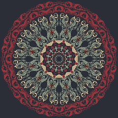 Vector ornamental round lace with damask and arabesque elements. Mehndi style. Orient traditional ornament. Zentangle-like round colored floral ornament.