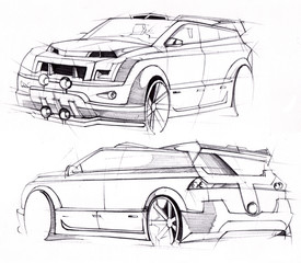 Sketch by hand of a vehicle with increased terrain. Illustration.