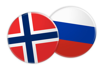 News Concept: Norway Flag Button On Russia Flag Button, 3d illustration on white background