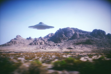 3D illustration with photography. Alien spaceship flying with panning effect. © ktsdesign