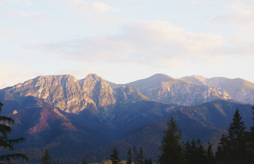 Fototapeta na wymiar Tatra Mountains in Zakopane, Poland. View on pink sunset in mountains