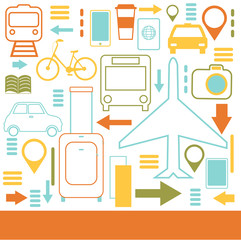 Travel - vector background. Transport, luggage, camera.