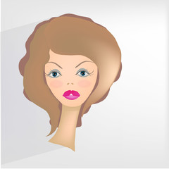 A female head on a gray background.