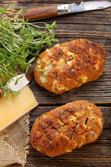 Homemade fresh bread stuffed cheese and garlic with herbs