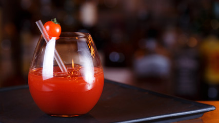Bloody Mary or Ceasar cocktail at the bar counter. Classic cocktail.