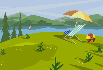 Summer nature landscape. Mountain river in valley. Lake view in green hills pine trees. Countryside scene background. Outdoors vector Illustration. Cartoon retro style poster. Season leisure banner