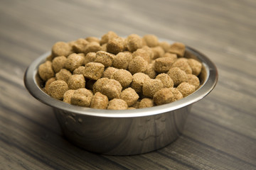 Dry Dog Food in a Silver Bowl