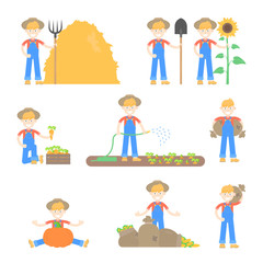 Set of farmers and gardeners in hat use different agricultural tools and different poses