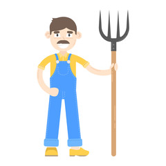 Farmer with mustache dressed in a blue jumpsuit, stand with pitchfork