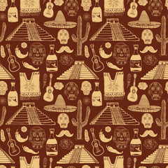 Mexico seamless pattern doodle elements, Hand drawn sketch mexican traditional sombrero hat, poncho, cactus and tequila bottle, map of mexico, skull, music instruments. vector illustration background.