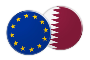 News Concept: EU Flag Button On Qatar Flag Button, 3d illustration on white background
