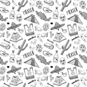 Mexico seamless pattern doodle elements, Hand drawn sketch mexican traditional sombrero hat, boots, poncho, cactus and tequila bottle, map of mexico, burrito, skull. vector illustration background