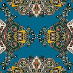 Seamless abstract geometric kaleidoscope paisley pattern. Traditional oriental ethnic ornament, on petrol background. Textile design.
