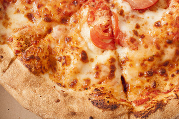 Pizza texture pattern background. Margharita vegetarian pizza close up.