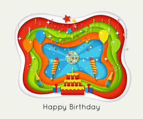 Happy birthday greeting card template with confetti, balloon, сake, champagne, fireworks. Cut paper art style shapes, vector illustration