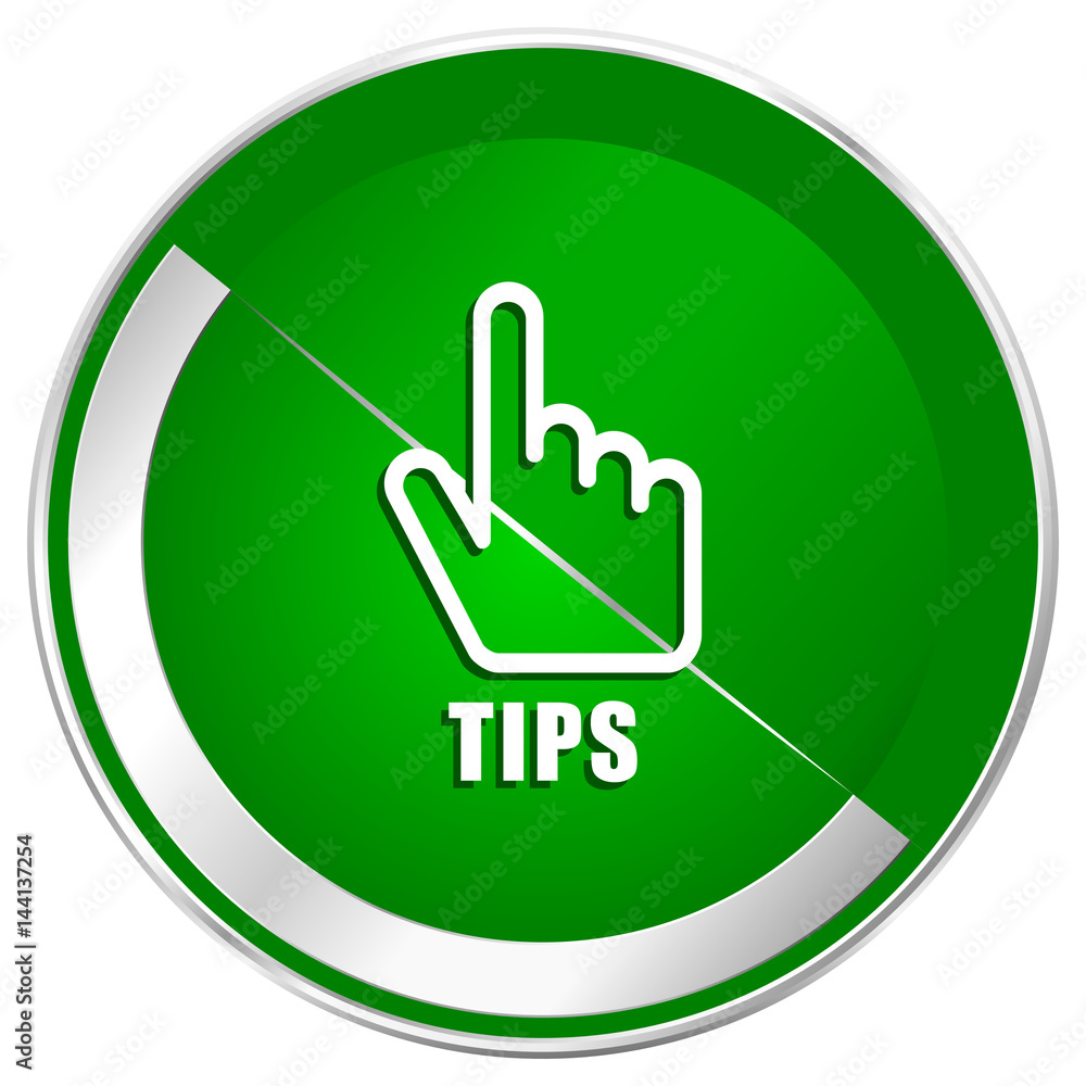 Poster tips silver metallic border green web icon for mobile apps and internet.