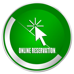 Online reservation silver metallic border green web icon for mobile apps and internet.