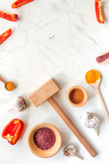 composition of cooking tools and spices on kitchen table top view mockup