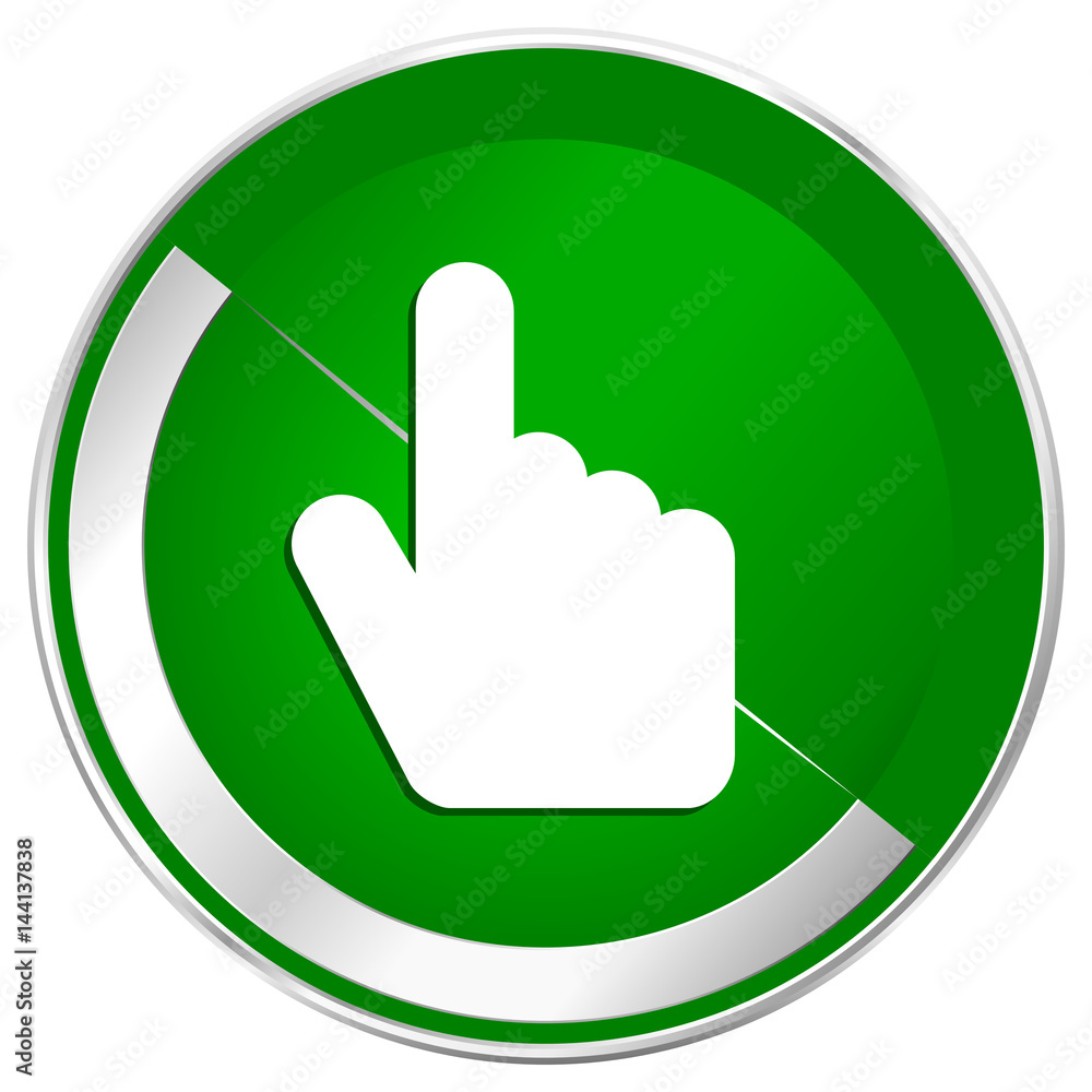 Poster hand, cursor silver metallic border green web icon for mobile apps and internet.