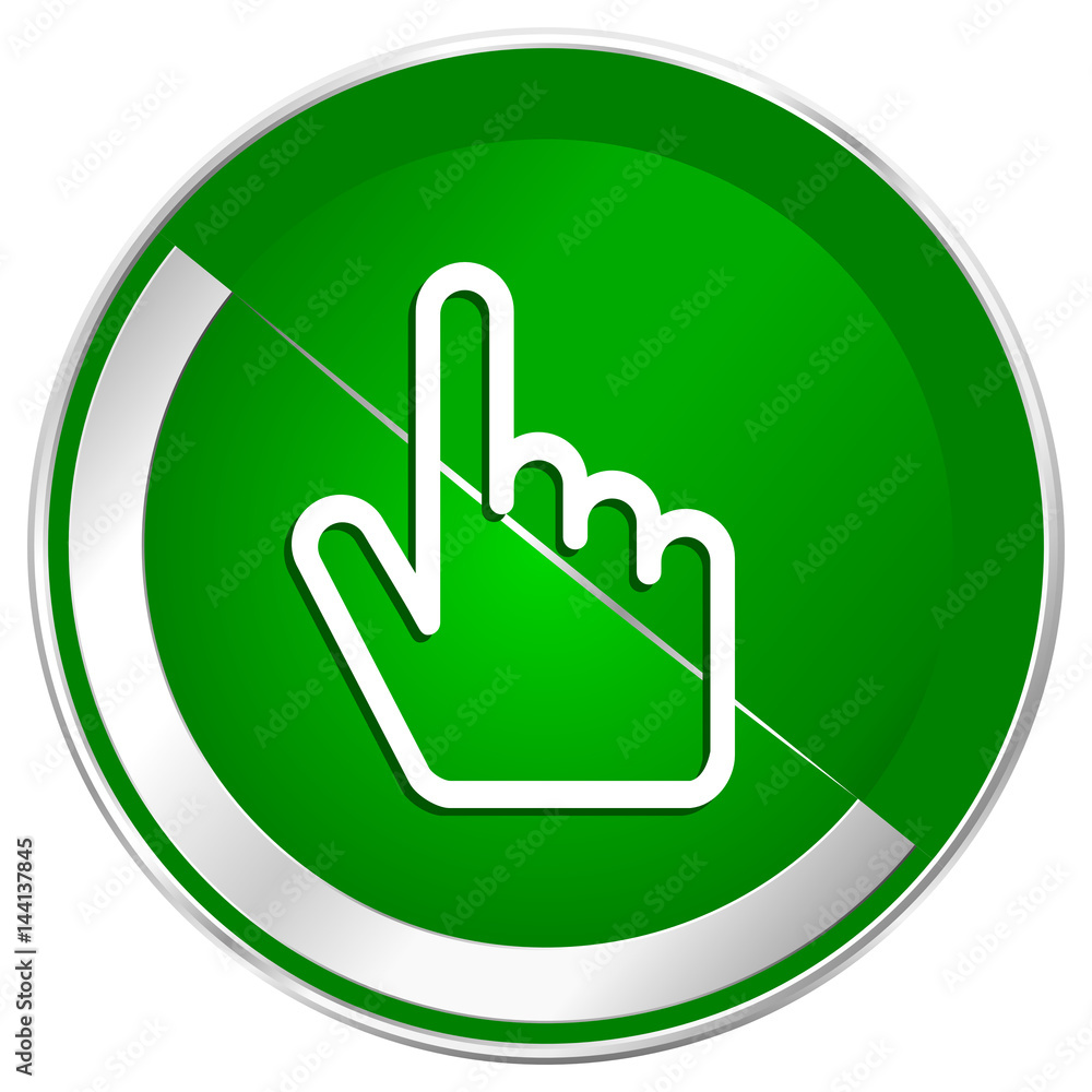 Poster cursor hand silver metallic border green web icon for mobile apps and internet.