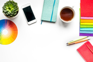 professional creative graphic designer desk on white background top view mock up