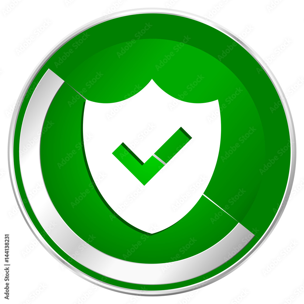 Aufkleber shield silver metallic border green web icon for mobile apps and internet.