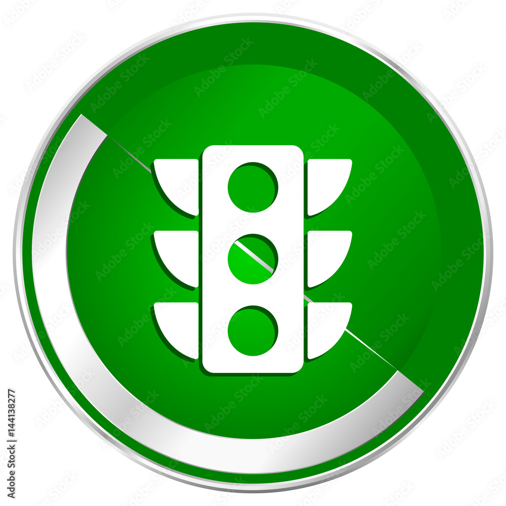 Poster traffic lights silver metallic border green web icon for mobile apps and internet.