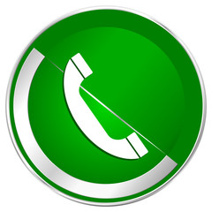 Phone silver metallic border green web icon for mobile apps and internet.