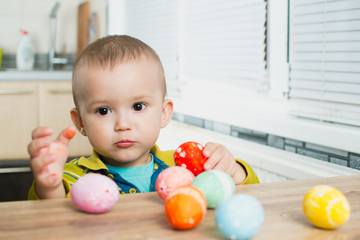 Fototapeta premium Jewish young boy having matzo ball soup