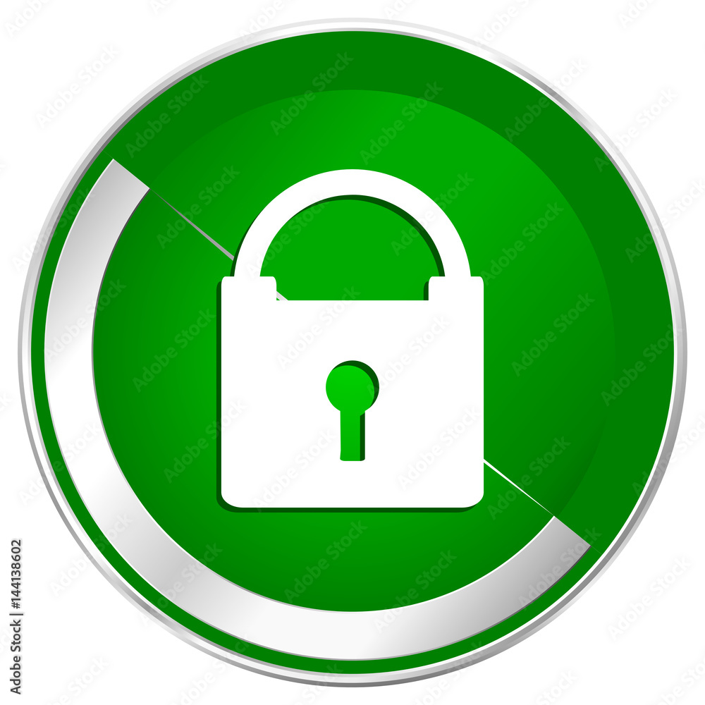 Poster padlock silver metallic border green web icon for mobile apps and internet.