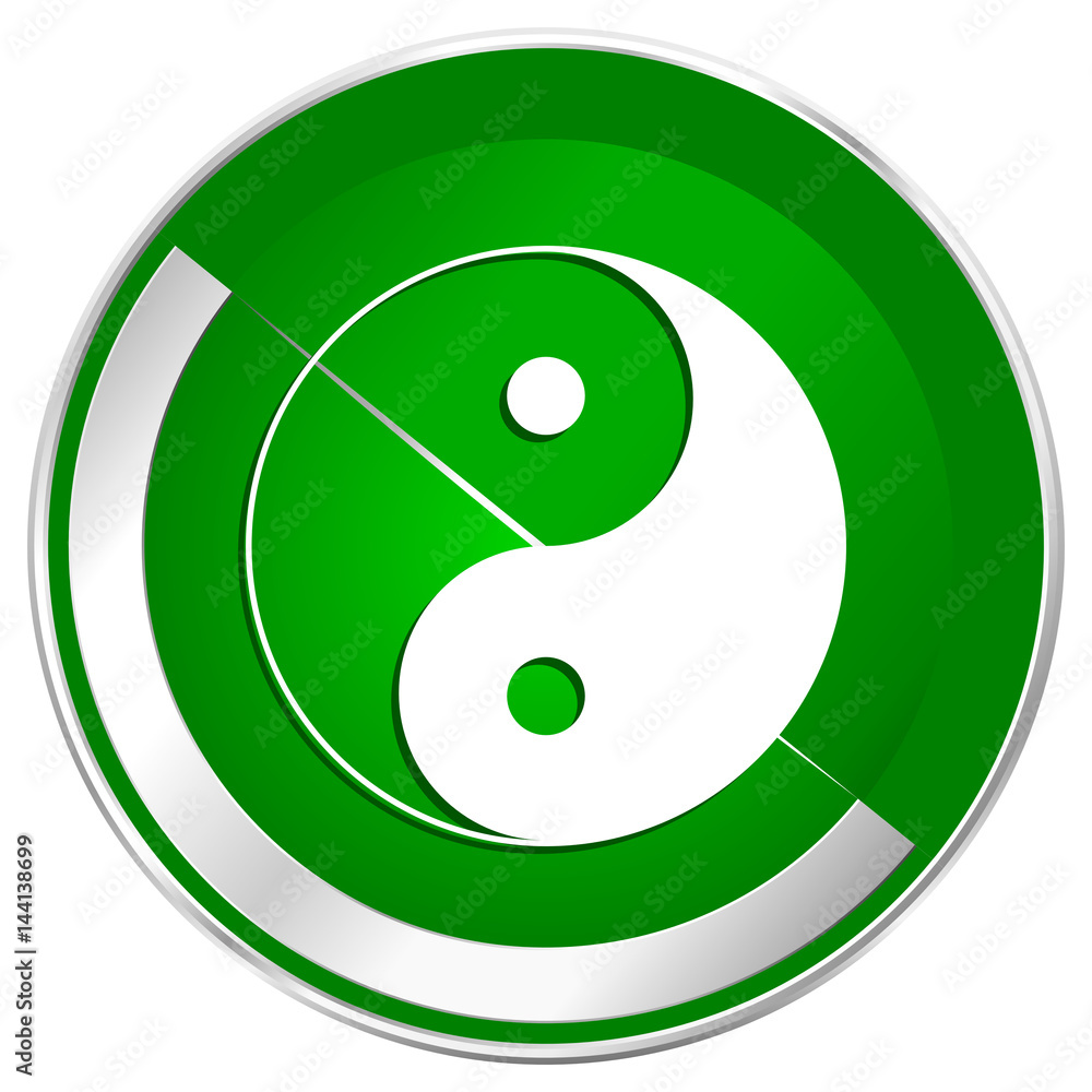 Poster ying yang silver metallic border green web icon for mobile apps and internet.