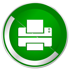 Printer silver metallic border green web icon for mobile apps and internet.