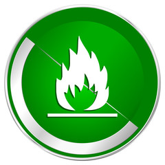 Flame silver metallic border green web icon for mobile apps and internet.