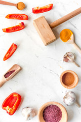 composition of cooking tools and spices on kitchen table top view mockup