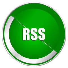 Rss silver metallic border green web icon for mobile apps and internet.