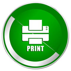 Printer silver metallic border green web icon for mobile apps and internet.