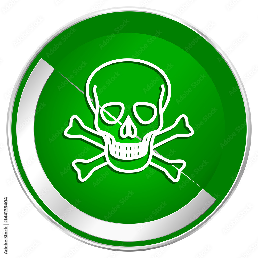 Poster skull silver metallic border green web icon for mobile apps and internet.