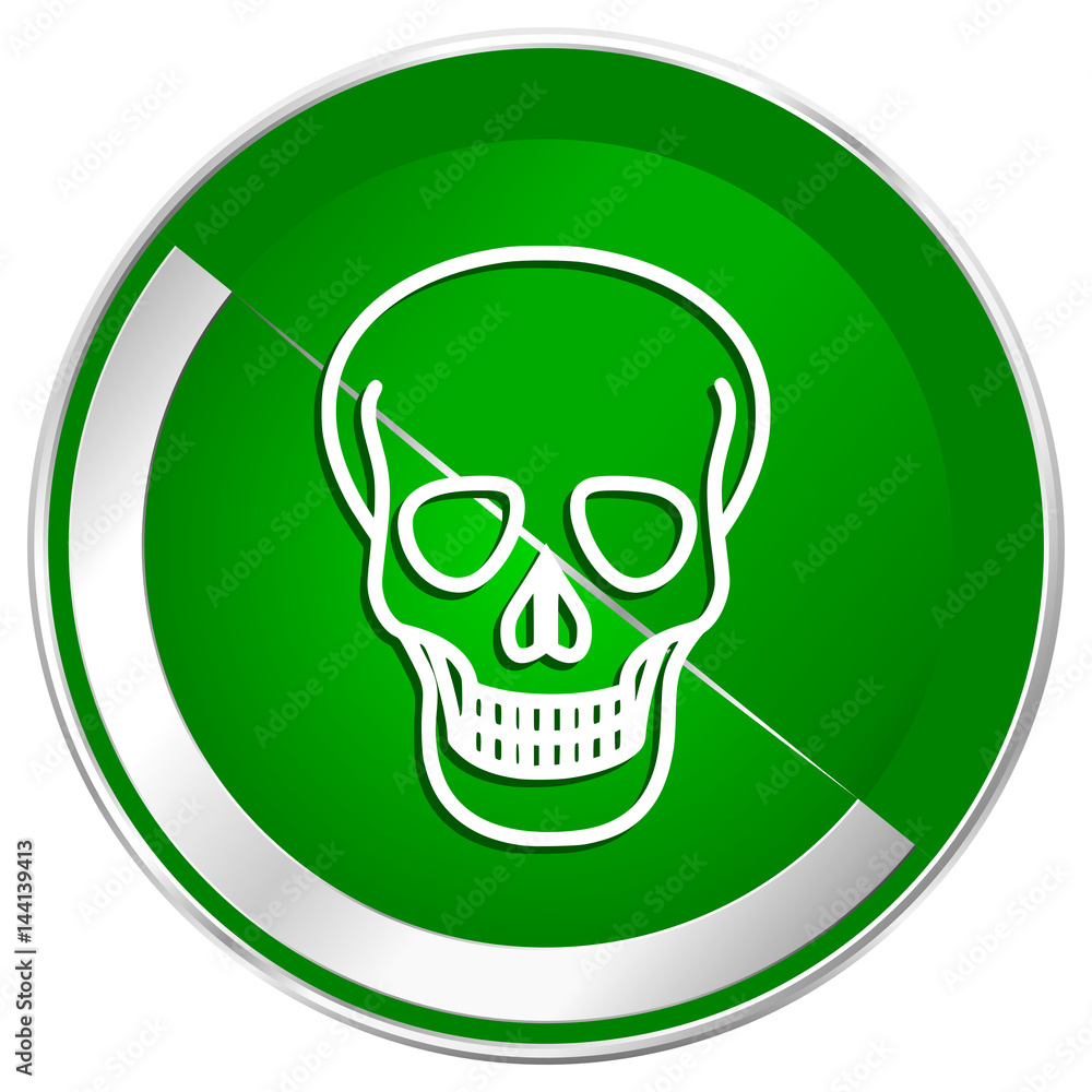 Poster skull silver metallic border green web icon for mobile apps and internet.