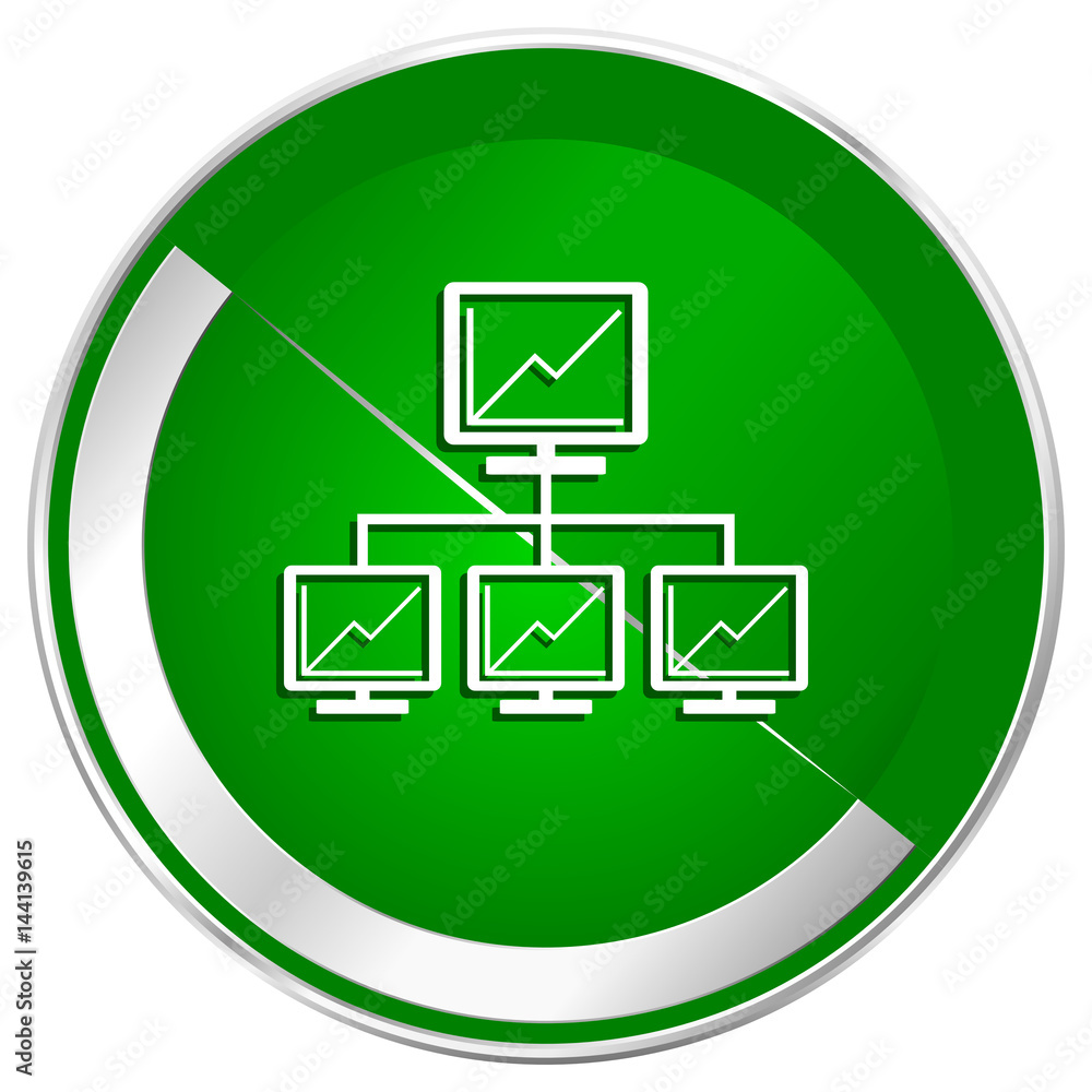 Poster network silver metallic border green web icon for mobile apps and internet.