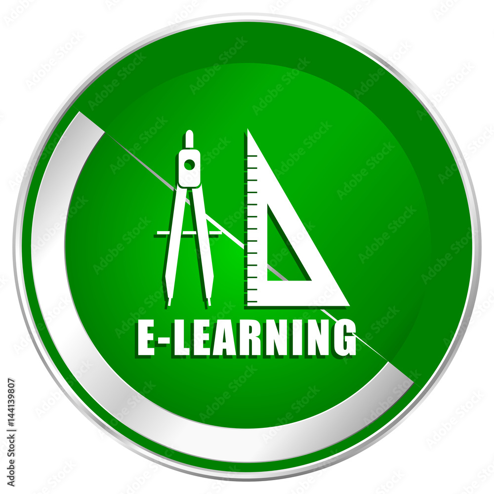 Poster learning silver metallic border green web icon for mobile apps and internet.