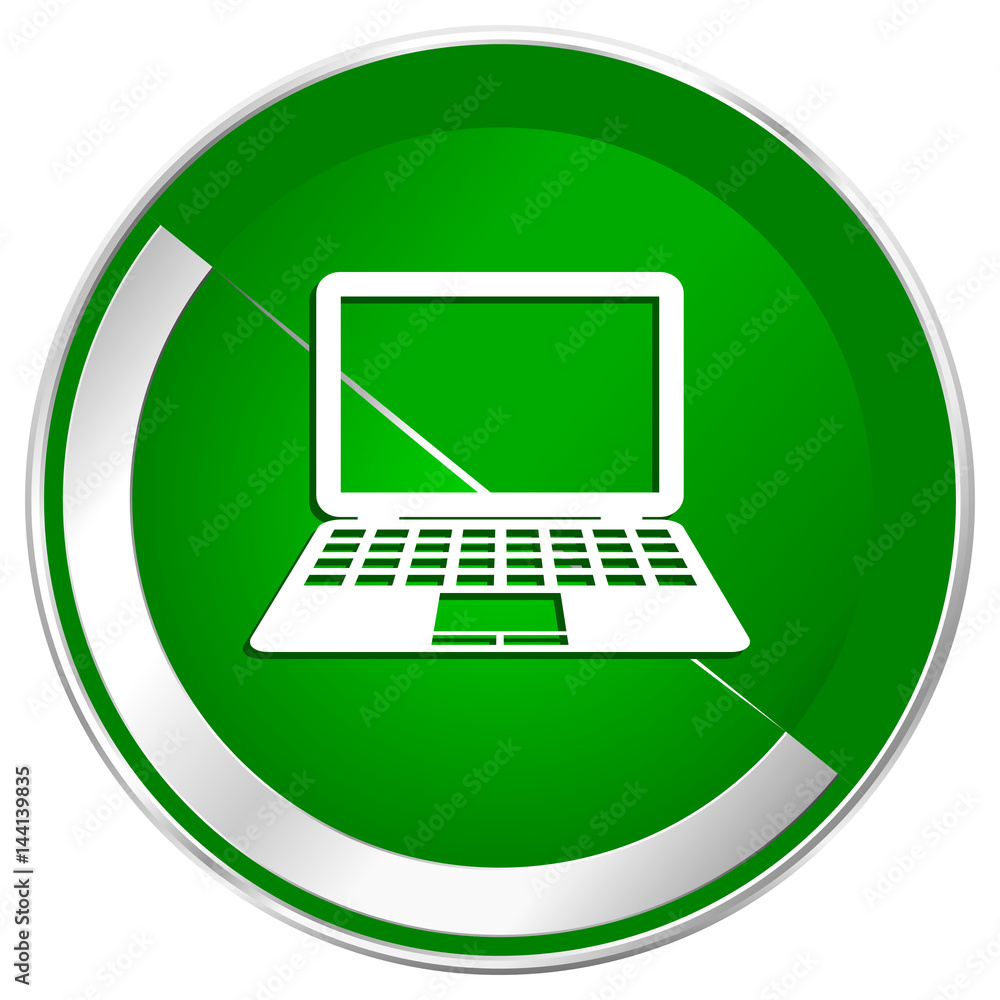Poster Computer silver metallic border green web icon for mobile apps and internet.