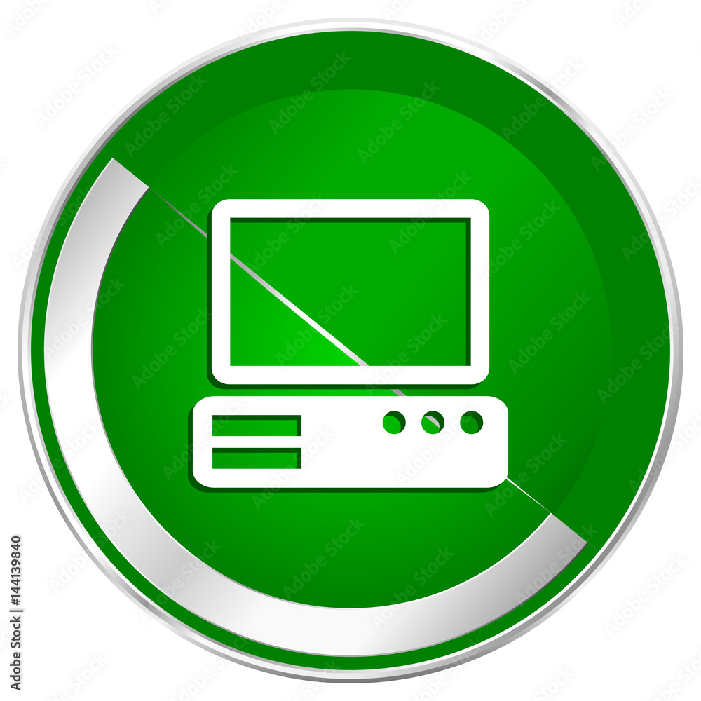 Poster computer silver metallic border green web icon for mobile apps and internet.