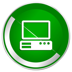 Computer silver metallic border green web icon for mobile apps and internet.